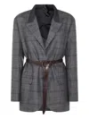 Brunello Cucinelli Waist Belted Checkered Pattern Blazer In Blue