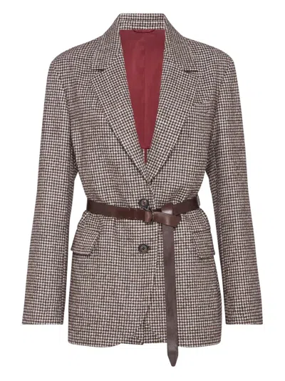BRUNELLO CUCINELLI BELTED BLAZER WITH HOUNDSTOOTH PATTERN