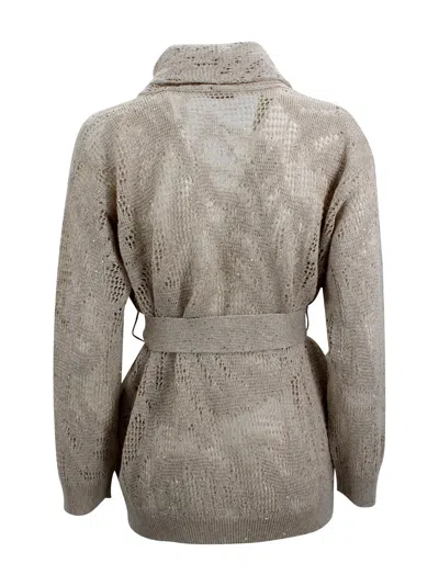 Brunello Cucinelli Belted Cardigan In Gray