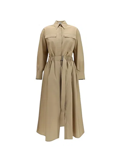 Brunello Cucinelli Belted Chest-pockets Midi Dress In Neutral