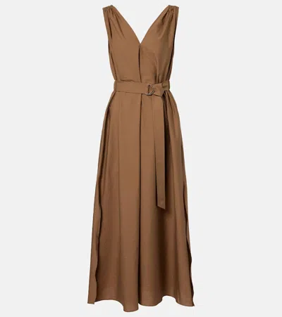 Brunello Cucinelli Belted Cotton-blend Midi Dress In Brown