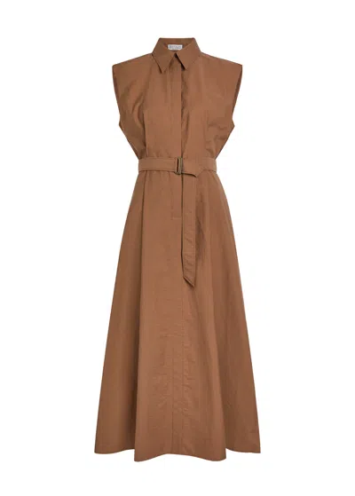Brunello Cucinelli Belted Cotton-blend Midi Shirt Dress In Brown