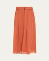 Brunello Cucinelli Belted Cotton Gauze Midi Skirt In Brown