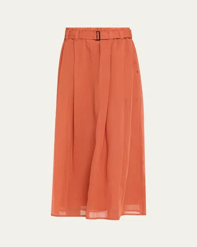 Brunello Cucinelli Belted Cotton Gauze Midi Skirt In Brown