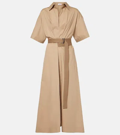 Brunello Cucinelli Belted Cotton Shirt Dress In Beige