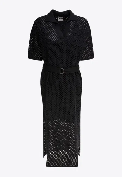 Brunello Cucinelli Belted Crochet Knit Midi Dress In Black
