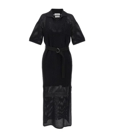 Brunello Cucinelli Belted Crochet Midi Dress In Black