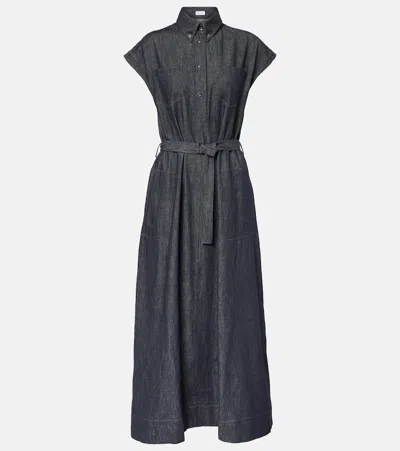 Brunello Cucinelli Belted Denim Maxi Dress In Denim Blu
