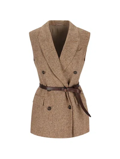 Brunello Cucinelli Belted Double-breasted Waistcoat In Brown