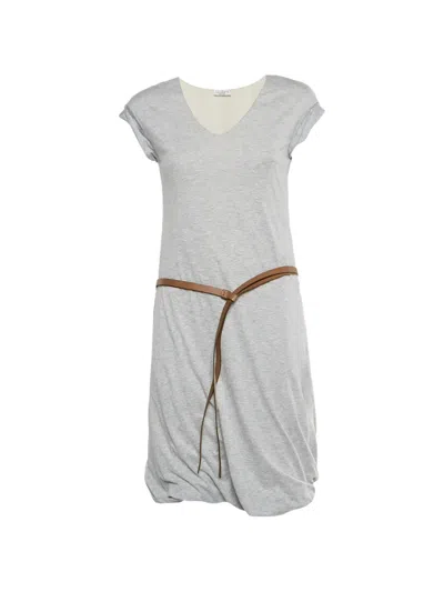 Pre-owned Brunello Cucinelli Belted Gathered-hem Midi Dress In Gray