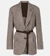 Brunello Cucinelli Belted Herringbone Wool-blend Blazer In Brown