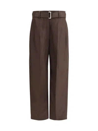 Brunello Cucinelli Belted Linen Tapered Pants In Brown