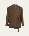 Brunello Cucinelli Belted Linen Twill Blazer In Chocolate