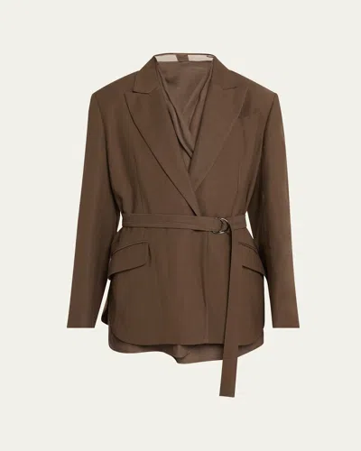 Brunello Cucinelli Belted Linen Twill Blazer In Chocolate