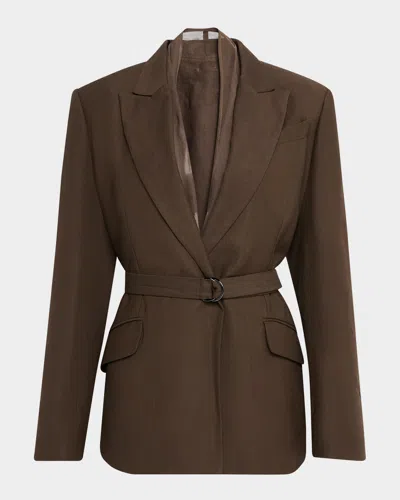 Brunello Cucinelli Belted Linen Twill Blazer In Chocolate