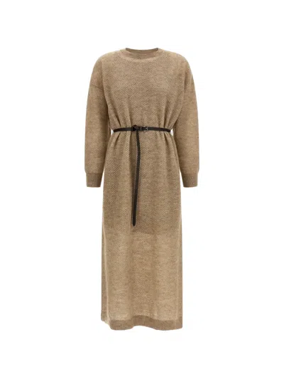 Brunello Cucinelli Knit Midi Dress Crew Neck Belt In Brown