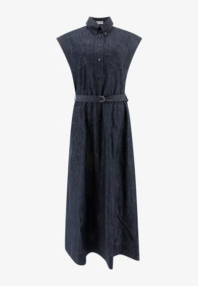Brunello Cucinelli Belted Midi Denim Dress In Blue