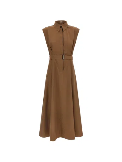 Brunello Cucinelli Crispy Diagonal Cotton Belted Midi Shirtdress In Brown