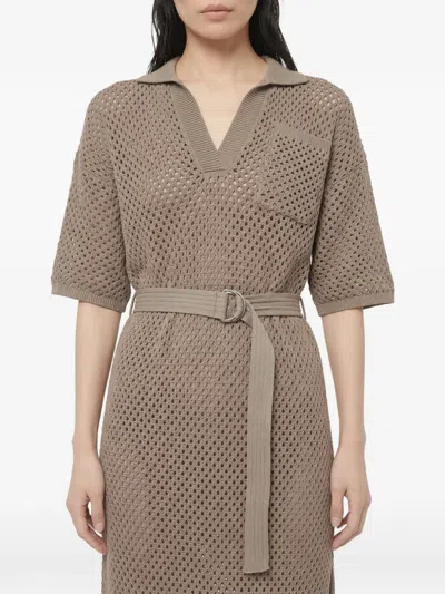 Brunello Cucinelli Belted Openwork-design Midi Dress In Animal Print