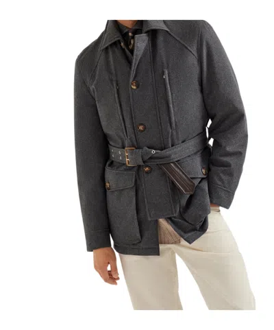 Brunello Cucinelli Cappotto Belted Leather-trimmed Wool Field Jacket In Gray