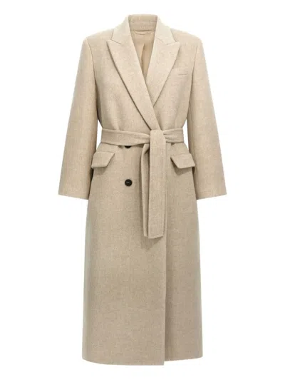 Brunello Cucinelli Belted Peak-lapel Coat In Neutral