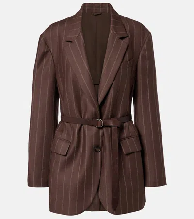 Brunello Cucinelli Belted Pinstriped Virgin Wool Blazer In Brown