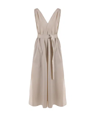 Brunello Cucinelli Belted Pleated Midi Dress In Neutral