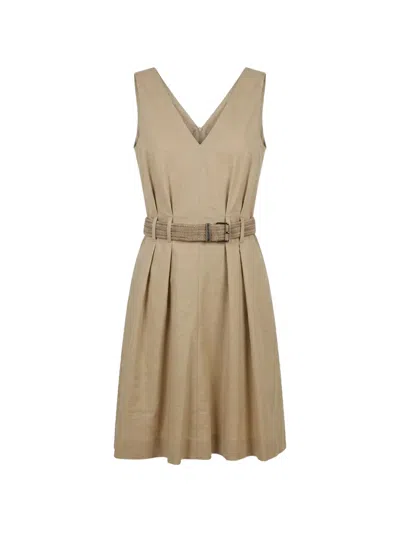 Brunello Cucinelli Belted Pleated Mini Dress In Brown