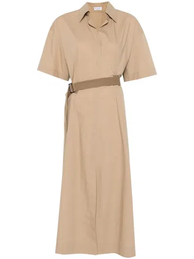 Brunello Cucinelli Belted Poplin Midi Dress In Brown