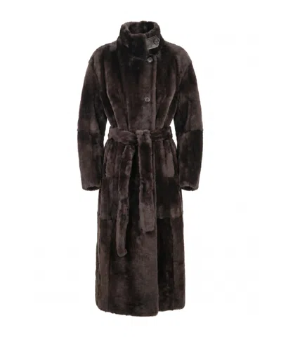 Brunello Cucinelli Belted Shearling Coat In Black