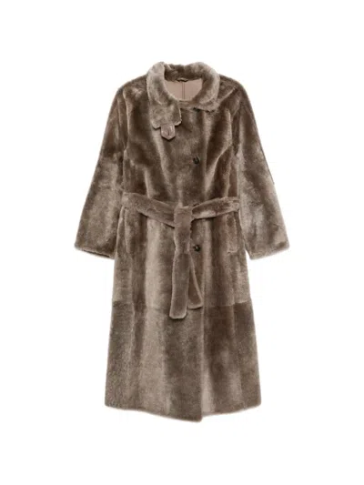 Brunello Cucinelli Belted Shearling Coat In Brown