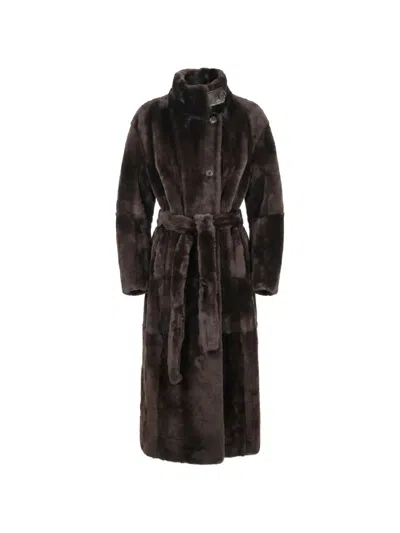 Brunello Cucinelli Belted Shearling Coat In Brown