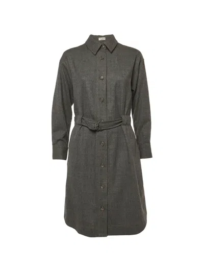 Pre-owned Brunello Cucinelli Belted Shirt Midi Dress In Gray