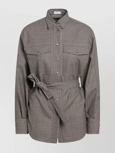 Brunello Cucinelli Check-pattern Shirt With Belt And Shiny Collar Detail Women In Gray