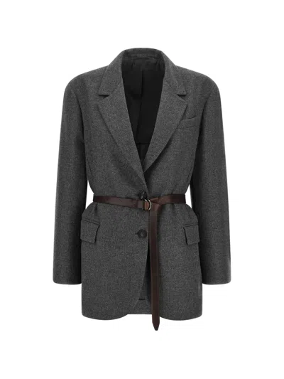 Brunello Cucinelli Belted Single-breasted Blazer In Gray