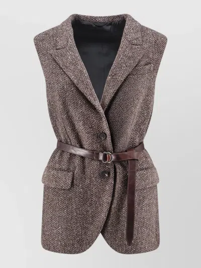 Brunello Cucinelli Belted Sleeveless Blazer Herringbone Pattern Pockets In Multi