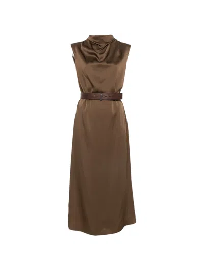 Brunello Cucinelli Belted Sleeveless Midi Dress In Brown