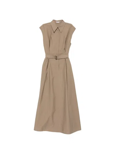 Brunello Cucinelli Belted Sleeveless Midi Dress In Neutral