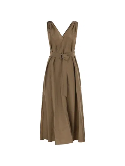 Brunello Cucinelli Women Techno Cotton Poplin Dress With Belt And Precious Shoulder Detail In Brown
