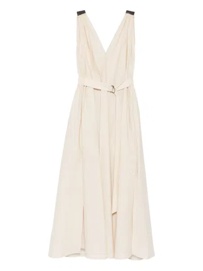 Brunello Cucinelli Belted V-neck Midi Dress In Neutral