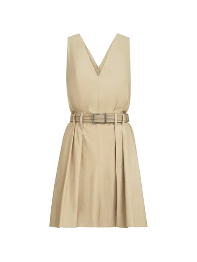 Brunello Cucinelli Belted Cotton-blend Twill Mini Dress In Neutral