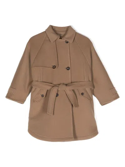 Brunello Cucinelli Kids' Belted Virgin-wool-blend Coat In Brown
