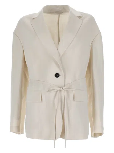 Brunello Cucinelli Belted Viscose-linen Jacket In White