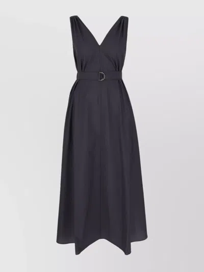 Brunello Cucinelli Belted Waist Flared Skirt Midi Length Dress In Ink Blue