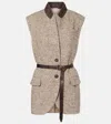 Brunello Cucinelli Waist Belted Lapel Sleeveless Textured Jacket In Brown