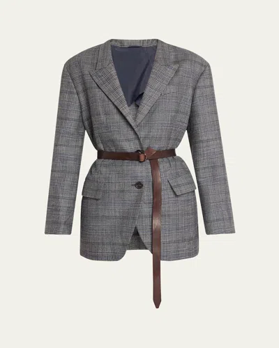 Brunello Cucinelli Belted Wool Prince Of Wales Single-breasted Blazer Jacket In Gray