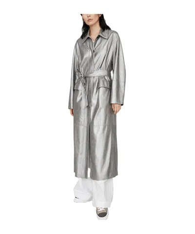Brunello Cucinelli Belted-waist Metallic Leather Coat In Gray