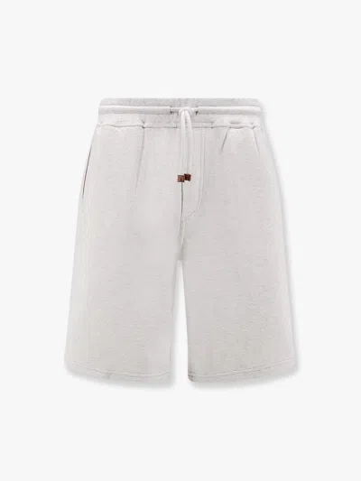Brunello Cucinelli Cotton Blend Bermuda Shorts With Leather Profiles In Grey