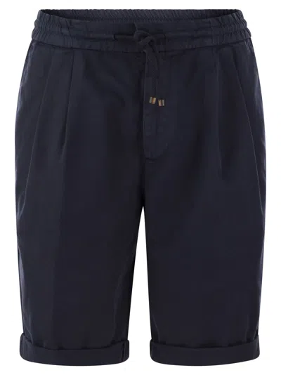 Brunello Cucinelli Bermuda Shorts In Garment-dyed Cotton Gabardine With Drawstring And Double Darts In Blue