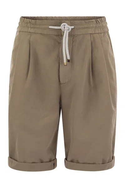 Brunello Cucinelli Bermuda Shorts In Garment-dyed Cotton Gabardine With Drawstring And Double Darts In Rope